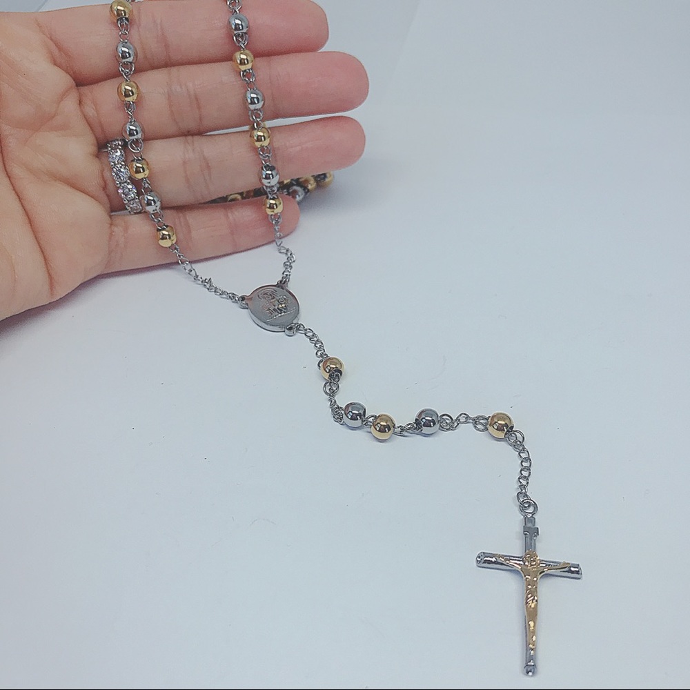 Two Toned Stainless Steel Rosary Necklace - Picture 3 of 8